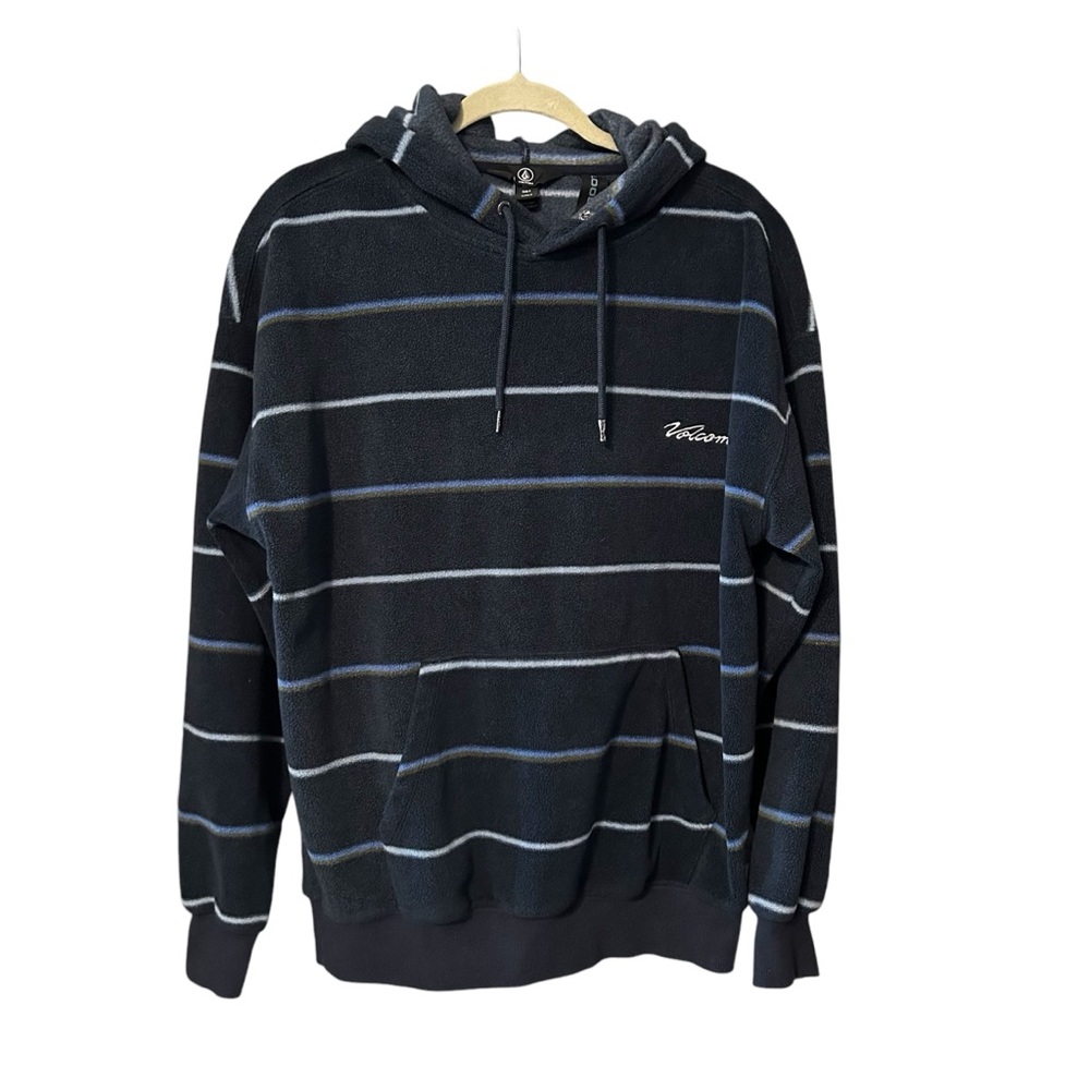 Volcom Unisex Hoodie True To This Fleece Navy Striped Cozy Pocket Navy Sz Small